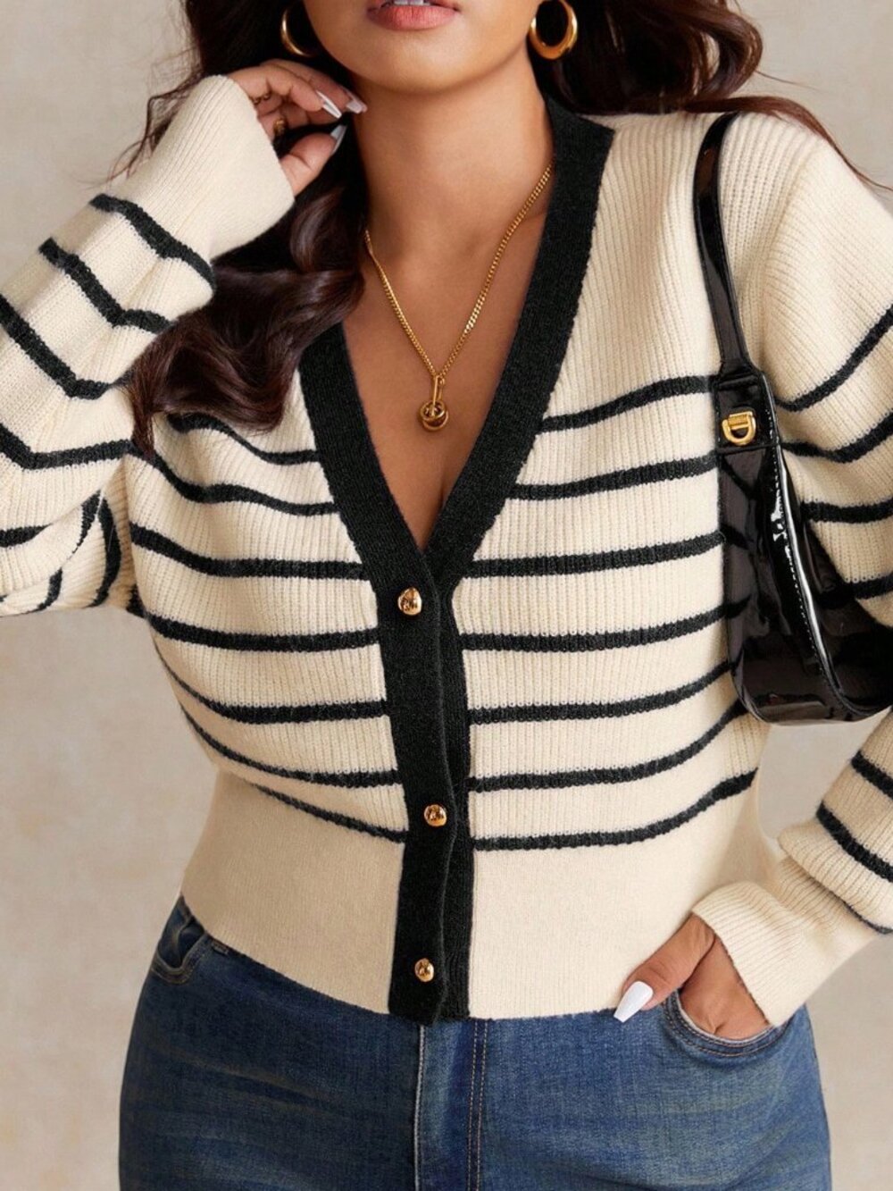 Black Casual Women's Plus Size Loose Contrast Striped Long Sleeve Cardigan